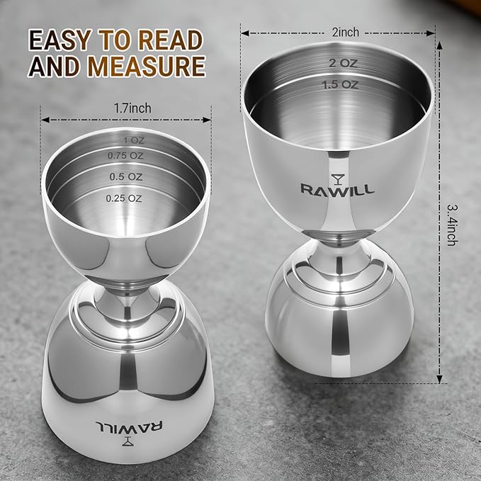 Jigger For Bartending, 2 PCS Double Shot Measuring Cup Premium 304 Stainless Steel, Jigger 2 oz 1 oz with Measurements Inside, Drink Measurer for Cocktails, Bar Measuring Set