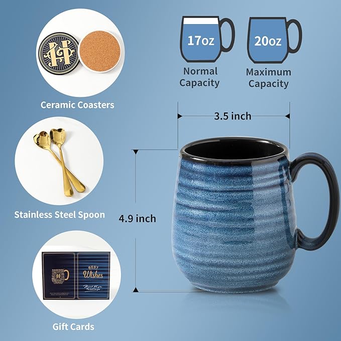 HASENSE Ceramic Coffee Mug Set, 20 Oz Tea Cups for Women and Men, Premium Large Latte Mugs with Handle, Gift Cup with Coaster & Gold Spoon for Couples, Blue & Purple