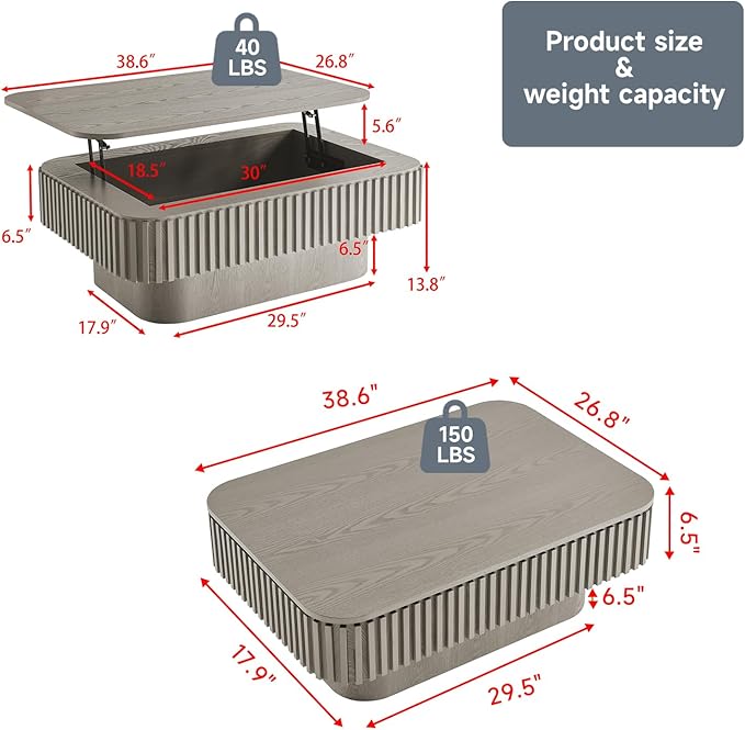 SZTHHDF Lift Top Coffee Table for Living Room,Rectangle Handmade Solid Wood Strips, Fluted Coffee Table with Hidden Storage Compartment Small Space Office Apartment (38.6" L×26.8''W×13.8''H-Grey)