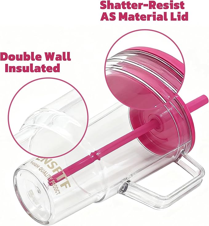 40oz Insulated Clear Tumbler with Handle and Lid & Straw, Reusable Travel Mug for Cold and Hot Drinks, Double-Wall Plastic Water Bottle | Crystal-Clear | Car Cup Holder Fit | Leakproof | BPA-Free
