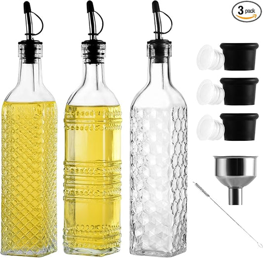 3-Pack Glass Oil Dispensers 500ML/17OZ, Oil and Vinegar Bottles Set with Stainless Steel Pourers, Brush, Funnel, Seal Caps (Square)