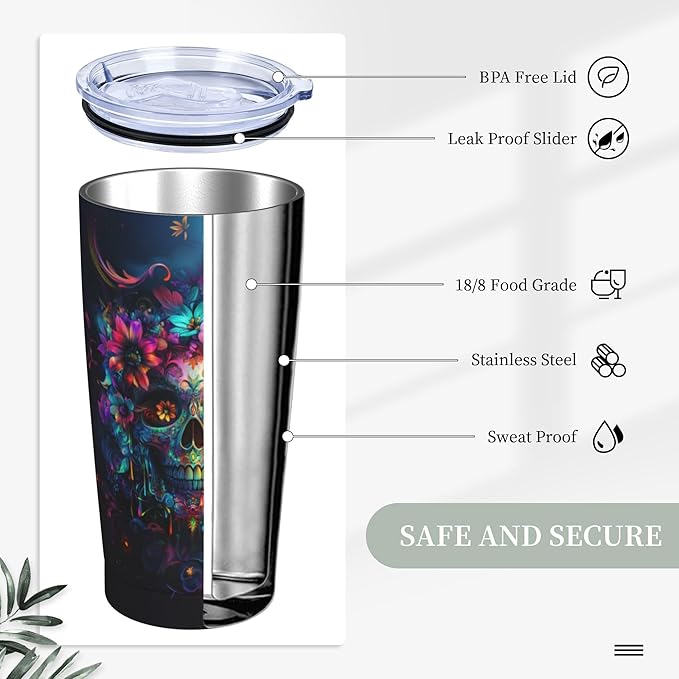 Skull Tumbler with Lid and Straw 20oz Coffee Tumblers Leakproof Stainless Steel Travel Mug Vacuum Insulated Cup for Iced and Hot