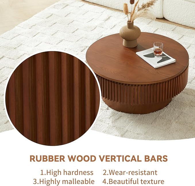 SZTHHDF Round Coffee Table for Living Room,Fluted Drum Accent Tea Center Table with Storage,Circle Modern Coffee Tables for Small Space Office Apartment (31.5" L×31.5''W×14''H-Walnut)