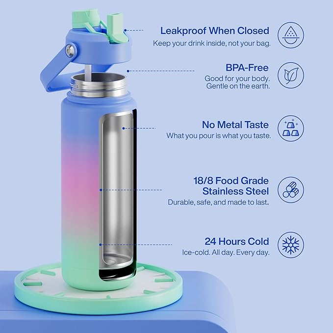 ENCOOL Insulated Water Bottle with Straw Stainless Steel Water Bottle, Leak-Proof, BPA-Free, Double Wall Vacuum Keeps Cold for 24 Hours for Sports, Travel, School (32 oz, Frosted Lilac)