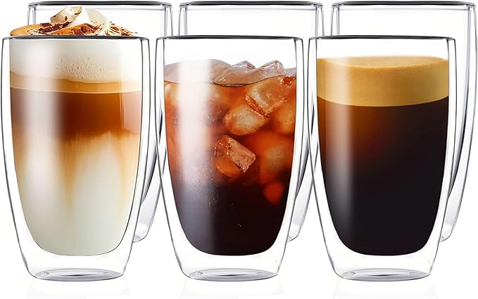 MESNEY Double Wall Espresso Cups 17 Oz, Glass Coffee Mugs Set of 6, Insulated Clear Cappuccino Latte Mugs for Home, Cafe & Restaurant, Durable Stackable Drinking Glasses