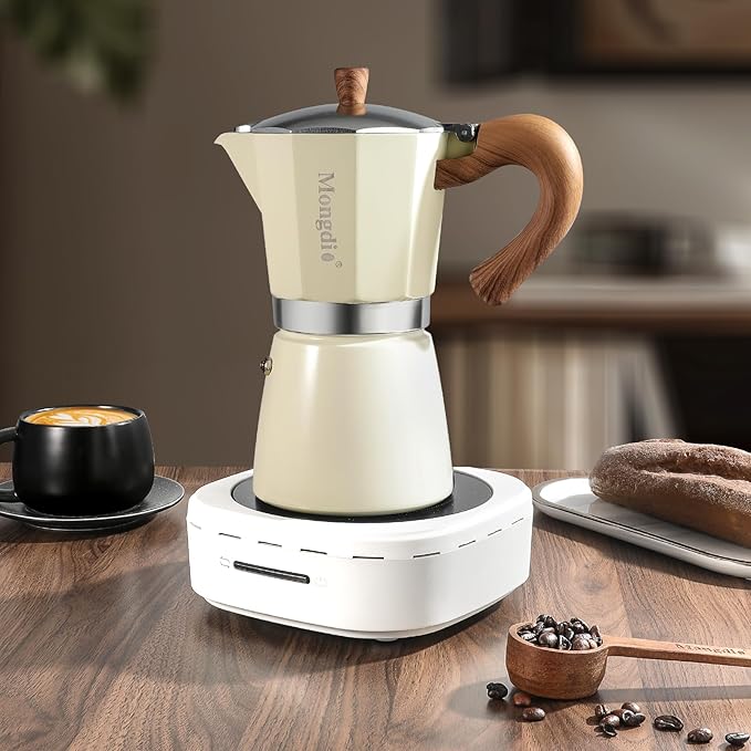 Mongdio Stovetop Espresso Maker Moka Pot, Cuban Coffee Maker Stove top coffee maker Moka Italian Espresso Greca Coffee Maker Brewer Percolator, 9 Espresso Cups, 15 oz - White
