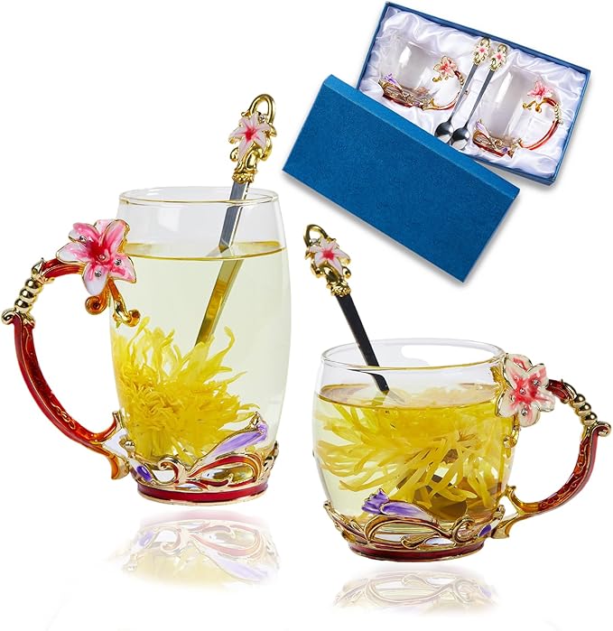 Tea Cup Glass Coffee Mugs,Fancy Tea Cup Set Birthday Christmas Valentine's Day Gift Idea for Tea Lover and Women Novelty Coffee Mugs Lily Flower Enamel Tea Cup with Spoon