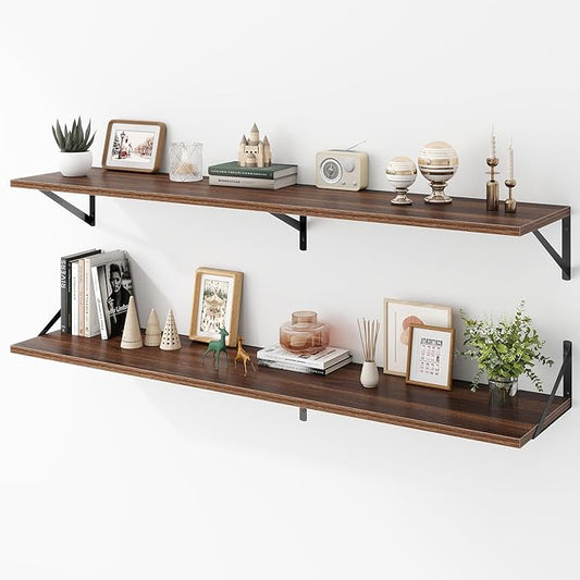 Deep Floating Shelves Wall Mounted, 55"x12" Walnut Wall Shelves with Brackets Set of 2 for Bedroom, Living Room, Bathroom, Kitchen, Office - Storage & Display Shelf for Decor, Books, Plants