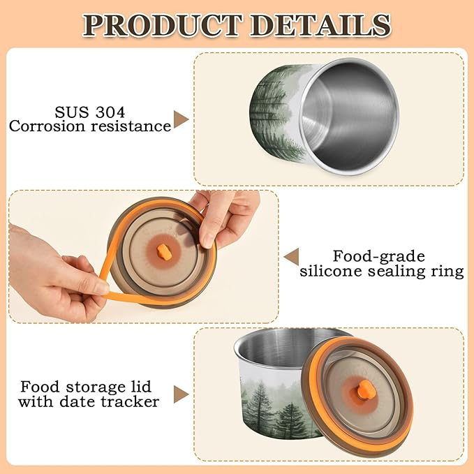 Pine Trees Airtight Food Canister, 30oz Stainless Steel Storage Jar for Coffee Beans Tea Grains Snacks, Kitchen Organizer Decor