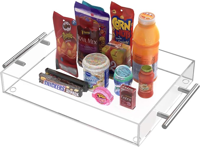 Richboom Clear Acrylic Serving Tray 16"x12" - Coffee Table Living Room Kitchen Decorative Tray with Silver Metal Handles, Bathroom Vanity Tray Perfume Cosmetic Storage Organizer