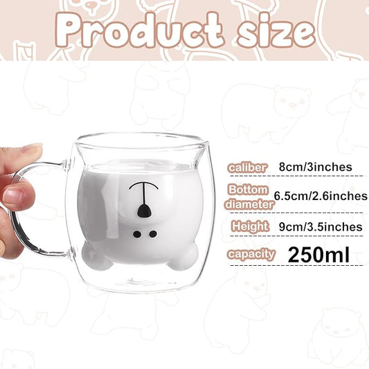 Patelai Cute Bear Tea Cup Double Wall Glass Milk Coffee Bear Mug with Handle Insulated Espresso Christmas Beer Cup Cute Birthday Gift for Women Men Valentine, 250 Ml/ 8. 4 oz(White,2 Pieces)