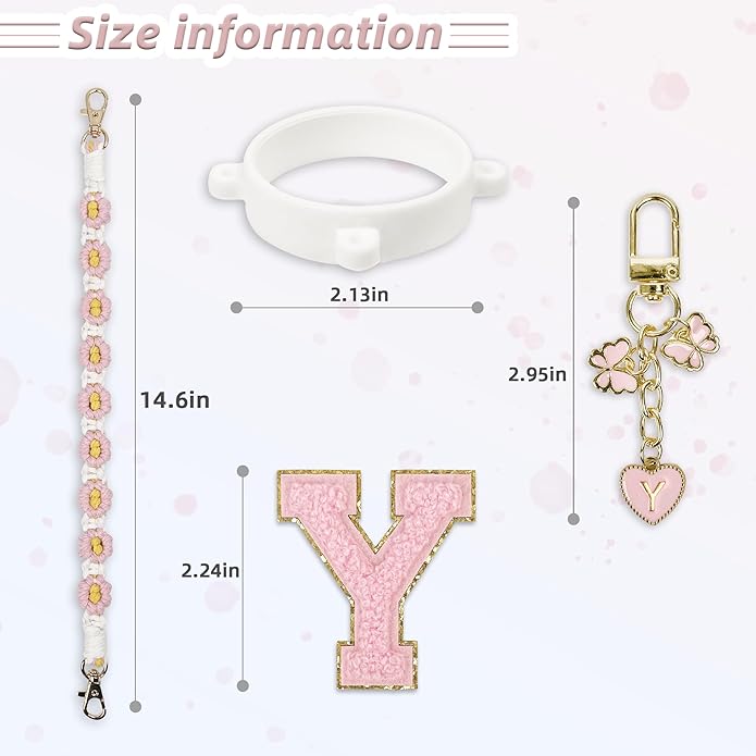 Compatible with Owala Water Bottle Accessories, Cute Letter Charm Set with Boho Handle Strap, Monogram Sticker, Silicone Ring, Keychain Decoration, for FreeSip 24 32 40oz, Owala Kids, Tumbler Gift