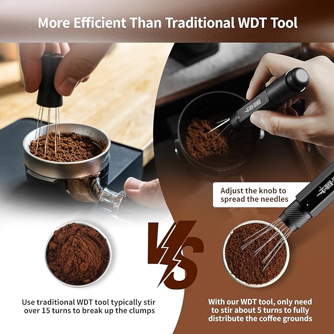 MHW-3BOMBER WDT Tool Espresso Distribution Tool Retractable Espresso Coffee Stirrer, Adjustable Range Coffee Distributor for Barista, Magnetic Store, 0.4mm 8 Needles with 8 Extra, Gold, T6190-OS