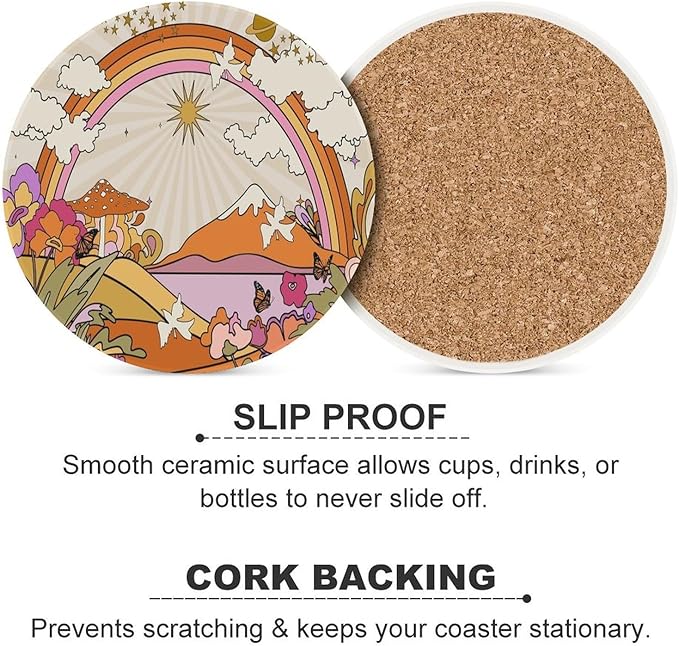 Round-6PCS Botanical Drink Coasters, Round Modern Ceramic Absorbent Coasters, Abstract Cartoon Colorful Mushroom Flower Butterfly Pattern Decor Desk Coffee Table Coaster for Beverage Cup Tea Coasters