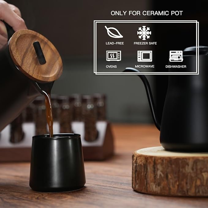 DHPO Ceramic French Press Coffee Maker, 22oz Single Serve Coffee Press with Walnut Wood Lid, Lead-Free, Food Grade Stainless Steel Filter with Dual Screen for Coffee and Loose Tea, Black