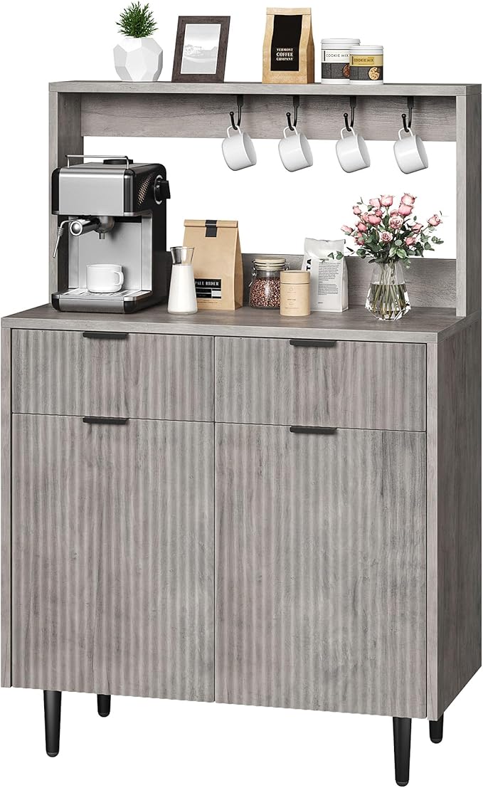 GarveeHome Fluted Sideboard Buffet Cabinet with Storage, Modern Coffee Bar Cabinet with Adjustable Shelves & 2 Drawers, Wood Buffet Console Table for Dining Room Living Room Kitchen Entryway, Grey