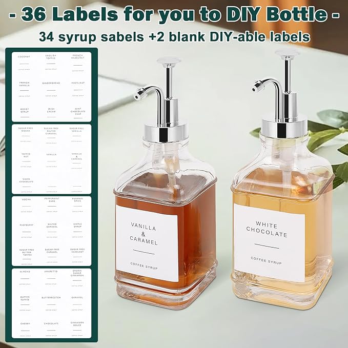 Coffee Syrup Dispenser for Coffee Bar, Clear Glass Syrup Bottles with Pump, Refillable Maple Syrup Storage, Coffee Station Accessories and Organizer, 500ml, Set of 2 (Chrome Finish)