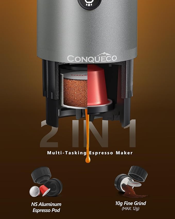 CONQUECO Portable Espresso Machine Travel: 12v Car Coffee Maker Set with Battery for Camping - Small Electric - 2.5 Mins Heating - With Ground Coffee & NS Capsule & Handbag for RV, Hiking, Office