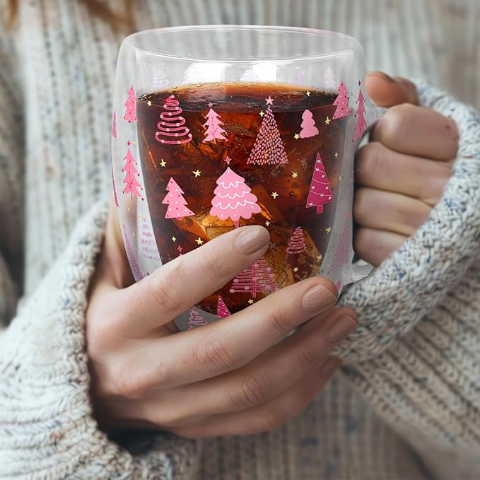 JarThenaAMCS Christmas Double Wall Glass Coffee Mugs 12oz Cute Pink Xmas Tree Insulated Glasses Clear Espresso Cups with Handle for Home Holiday Supplies, Set of 2