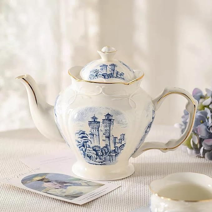 KAMMAK Teapot with Handle, Vintage Porcelain Tea Pot with Gold Trim, Blooming & Loose Leaf Teapot, Festive Holiday Serveware, Gifts for Women, Vintage Blue - 33 oz