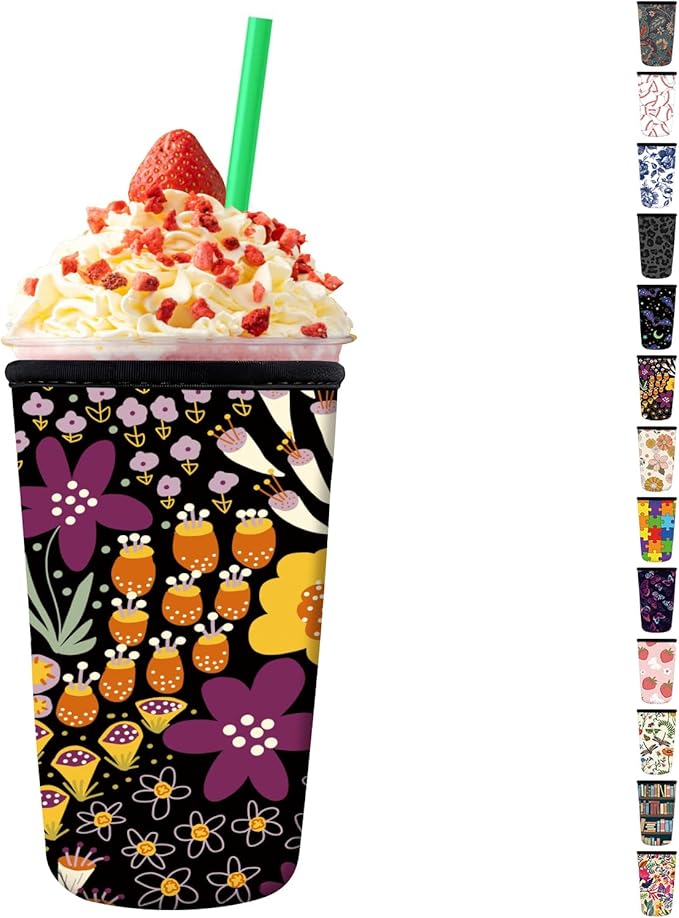 Reusable Neoprene Insulator Sleeve for Iced Coffee Cups, Medium 22-28oz Durable Drink Sleeve for Cold Beverages, Cute Beverage Holder Cup Sleeve for Women Men Cute Colorful Floral
