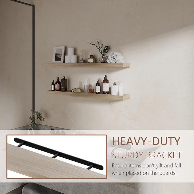 36 inch Natural Bathroom Shelves,Long Floating Shelves for Wall,Solid Wood Long Shelves Set of 2,Kitchen Wall Mounted Shelf (Natural, 36 Inch)