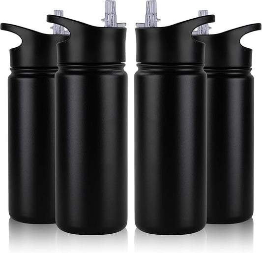 16 oz Insulated Water Bottle Bulk 4 Pack, Straw & Spout Lid, Keep Cold 24H, Spill Proof, BPA-Free, Double Wall, Stainless Steel Kids Water Bottles for School, Sports, Black