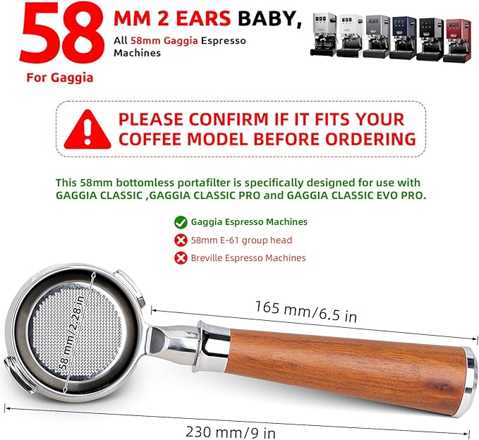 58mm Bottomless Portafilter, Professional Stainless Steel Portafilter 2 Ears for 58 Gaggia Machines- Not suitable with E61 groupheads,with Walnut Handle & Filter Basket