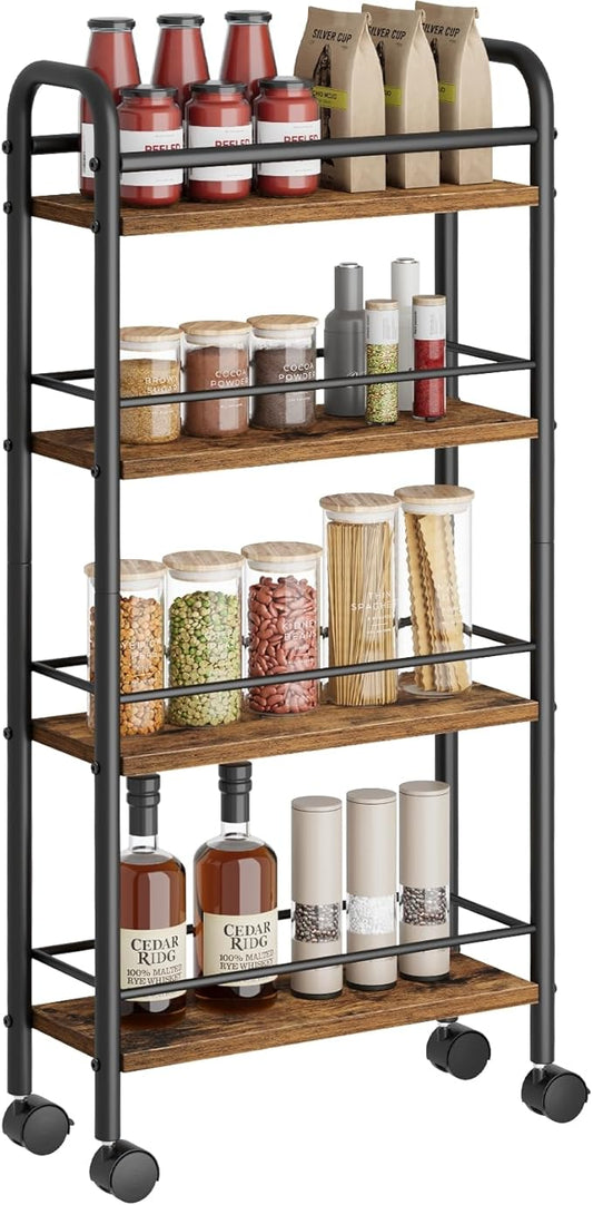 Slim Storage Cart, 4-Tier Small Rolling Cart with Wheels, 5.9" Deep, Narrow Bathroom Shelf Trolley for Kitchen, Bathroom, Laundry Room, Rustic Brown Standard 4-Tier (5.9" W x 33.6" H)