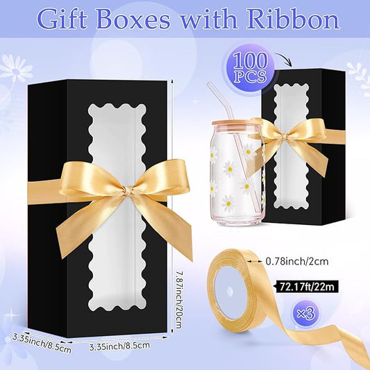 Windyun 100 Pcs Tumbler Gift Boxes for Sublimation Glass Exhibition Boxes Transparent for 12oz 16oz 20oz Shipping Cup Exhibition Packaging for Jars Mug Can Party Supplies(Black)