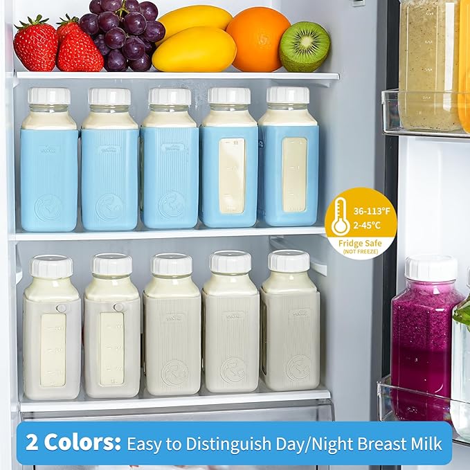 Syntic 2 Pack 16 Oz Glass Breastmilk Storage Bottle with Airtight Lids & 2 Pour Spouts, Milk Storage Containers for Fridge with Clear Scales - Day/Night Milk Collection Bottles with Protective Case