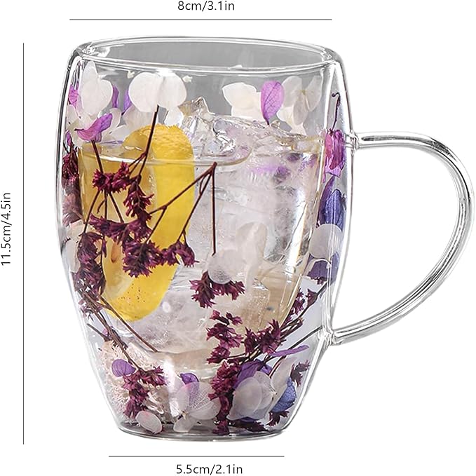 Flower Glass Double Wall Glass - 350ml Aesthetic Dried Flowers Double Wall Glass Coffee Mugs | Clear Glass Cups With Handle,Anti-Scalding Coffee Cups For Hot Beverages,Tea Or Coffee