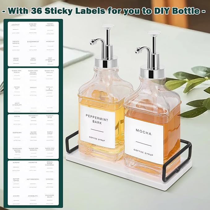 BathAce Coffee Syrup Dispenser for Coffee Bar, Clear Glass Syrup Bottles with Pump, Refillable Maple Syrup Storage, Coffee Station Accessories and Organizer, 500ml, Set of 2 + Tray (Chrome Finish)