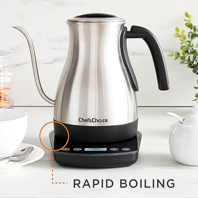Chef'sChoice Electric Kettle Gooseneck Style Perfect for Pour-Overs Stainless Steel Construction 1200 Watts with Auto-Shutoff & Boil-Dry Protection, 1-Quart, Silver