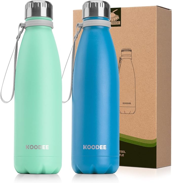 koodee Kids Insulated Water Bottle 2 Pack-17 oz Stainless Steel Double Wall Vacuum Insulated Water Bottle for School, Cola Shape Leak Proof Sports Flask (Aquamarine Blue-Sky Blue)