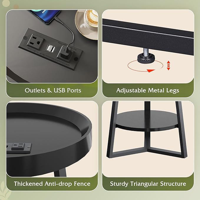 WLIVE Round End Table with Charging Station, Small Round Coffee Table, 2 Tier Side Table for Living Room/Bedroom, Sofa Couch, Wood Tabletop & Metal Frame, Black