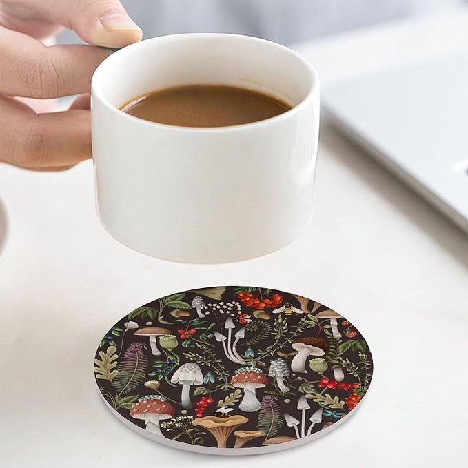 Round-4PCS Botanical Ceramic Coasters, Round Absorbent Drink Coasters, Vintage Cartoon Abstract Botanical Mushroom Plants Pattern Ceramic Table Coasters for Coffee, Beverage, Wine, Beer Coasters