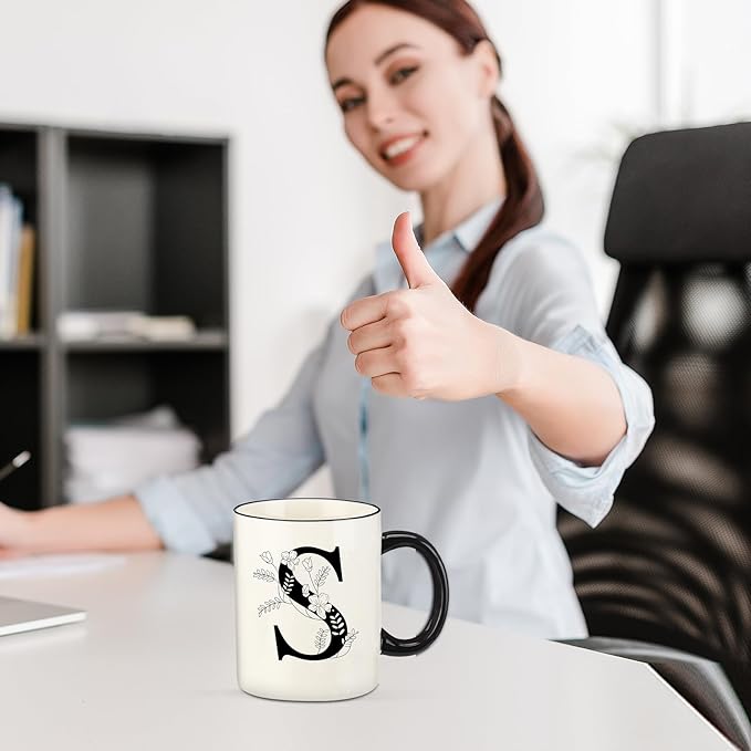 Monogram Ceramic Coffee Mugs, 11 oz Initial Drinking Cup with Gift Box, Unique Birthday Valentines Day Gifts for Women Wife Mothers Day Grandma Mom Aunt, S