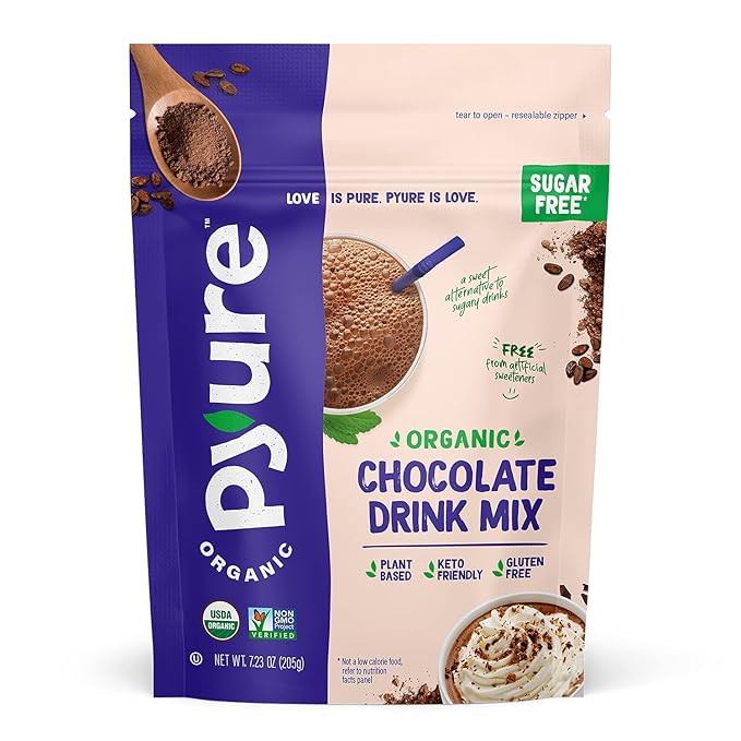 Pyure Organic Sugar Free Chocolate Drink Mix | Low Carb Chocolate Milk Powder with Cocoa | Keto, Vegan, Gluten-Free, Plant-Based | 1 Net Carb, Zero Sugar, Non-GMO, USDA Organic | 7.23 oz