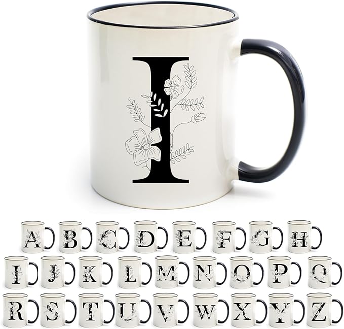 Monogram Ceramic Coffee Mugs, 11 oz Initial Drinking Cup with Gift Box, Unique Birthday Christmas Gifts for Women Wife Mothers Day Grandma Mom Aunt, I