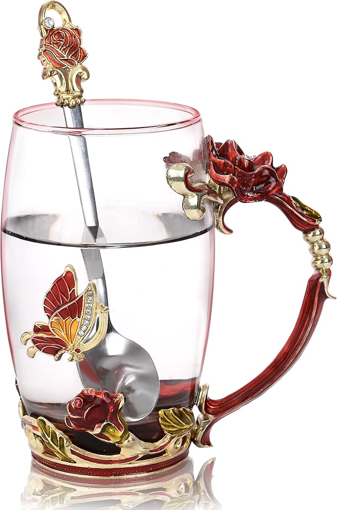 Glass Coffee Mugs Flower Butterfly Tea Cup with Spoon and Box, Personalized Gifts for Mothers Day Gift, Women, Wife and Girlfriends (11oz)