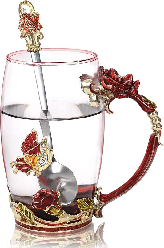 Glass Coffee Mugs Flower Butterfly Tea Cup with Spoon and Box, Personalized Gifts for Mothers Day Gift, Women, Wife and Girlfriends (11oz)