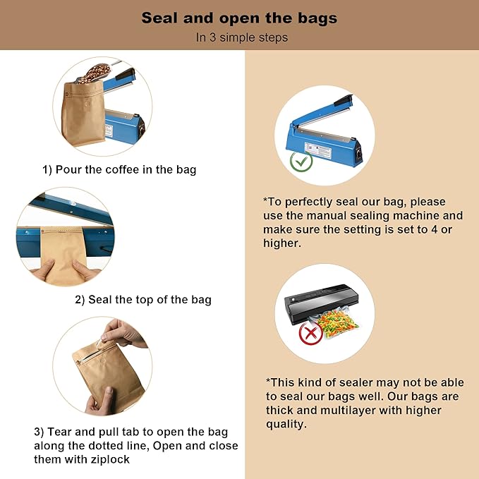 100 Count 0.5 lb Kraft Paper Coffee Bags - High Barrier Kraft & Foil Liner - Flat Bottom Coffee Pouches with Degassing Valve, Food Storage Bags with Rsealable Zipper & Easy Open Tape (100, 8oz/½lb)