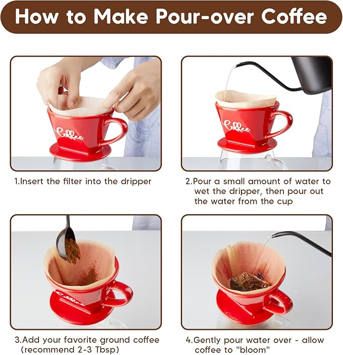 Pour Over Coffee Maker, Ceramic Pour Over Coffee Dripper, Manual Brew Maker, Red Kitchen Decor and Accessories, Single Cup Porcelain Slow Brewing Accessories for Cafe Coffee Bar