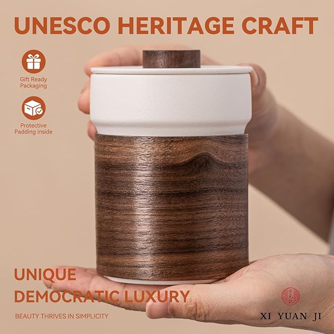 Tea Cup with Infuser and Lid 12.7oz - Artisan Ceramic Mug with Wooden Sleeve, Loose Leaf Tea Infuser Cup for Home/Office Use (Ideal for Birthday & Anniversary Gifting)
