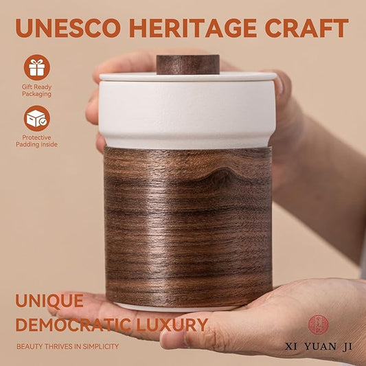 Tea Cup with Infuser and Lid 12.7oz - Artisan Ceramic Mug with Wooden Sleeve, Loose Leaf Tea Infuser Cup for Home/Office Use (Ideal for Birthday & Anniversary Gifting)