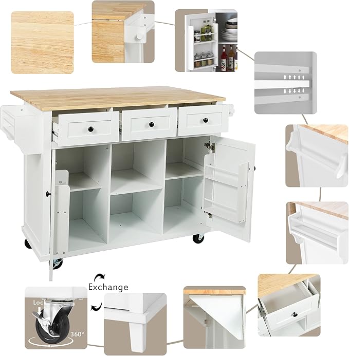 Yayzy Rolling Kitchen Island with Drop Leaf, Cabinet Door Storage Racks & 3 Drawers, Mobile Kitchen Cart with Rubberwood Top & Locking Wheels for Dining Room & Kitchen, 53-Inch, White