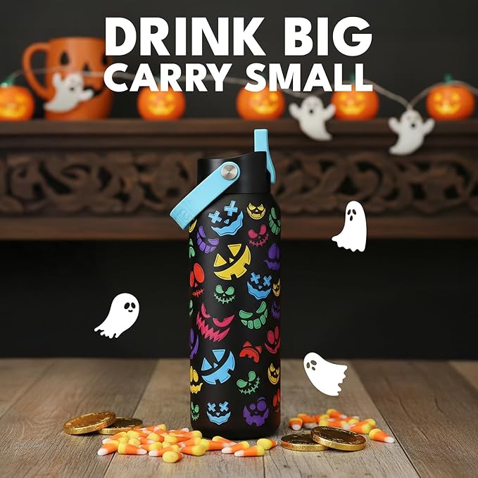 Elemental 40oz Insulated Water Bottle with Straw - 100% Leak-Proof Stainless Steel Core Water Bottles for Travel, Sports and Gym - Double Wall Insulation & BPA Free - Pumpkin Grins