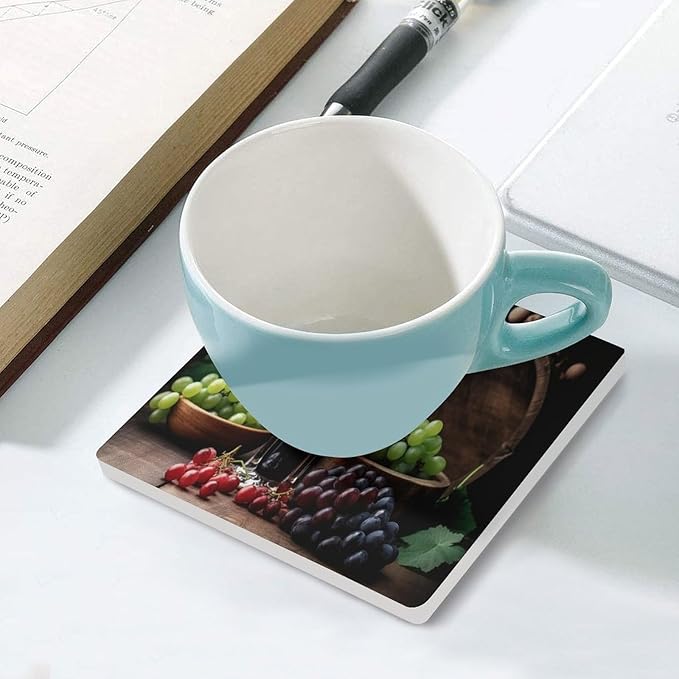 Square-6PCS Red Wine Ceramic Coasters, Square Absorbent Drink Coasters, Retro Wood Style Red Wine Bottle and Grapes Plant Pattern Ceramic Table Coasters for Coffee, Beverage, Wine, Beer Coasters