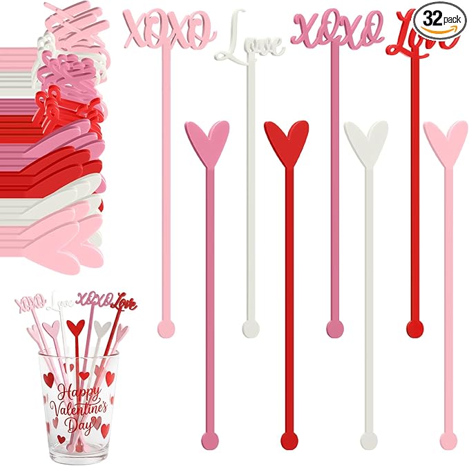 32 Pcs Valentines Day Cocktail Stirrers 7 Inch Heart Love Lips Drink Coffee Stirrers Cute Acrylic Stir Sticks for Valentines Wedding Drink Birthday Bridal Cocktail Supply(Classic Style)
